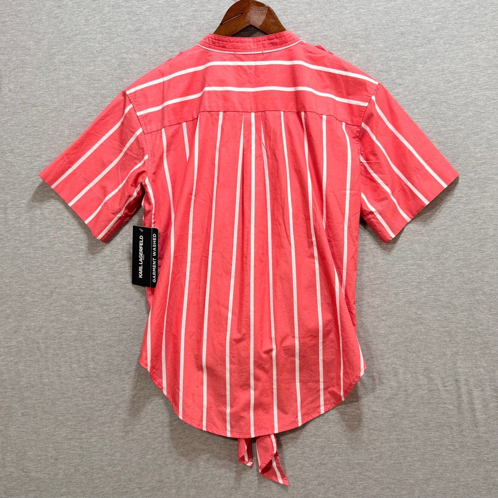 Karl Lagerfeld Paris Striped Tie Front Shirt Womens XS Coral Pink Nautical - Picture 2 of 9